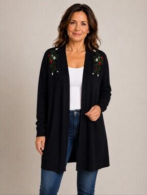 Esperanza  Black Embroidered Open Front Cardigan Size XL